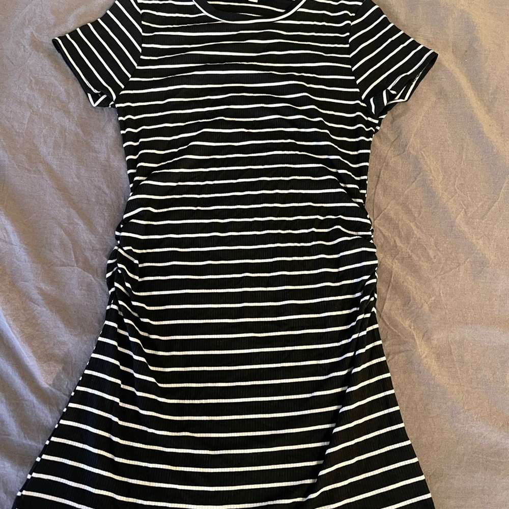 Black and white striped casual mini dress